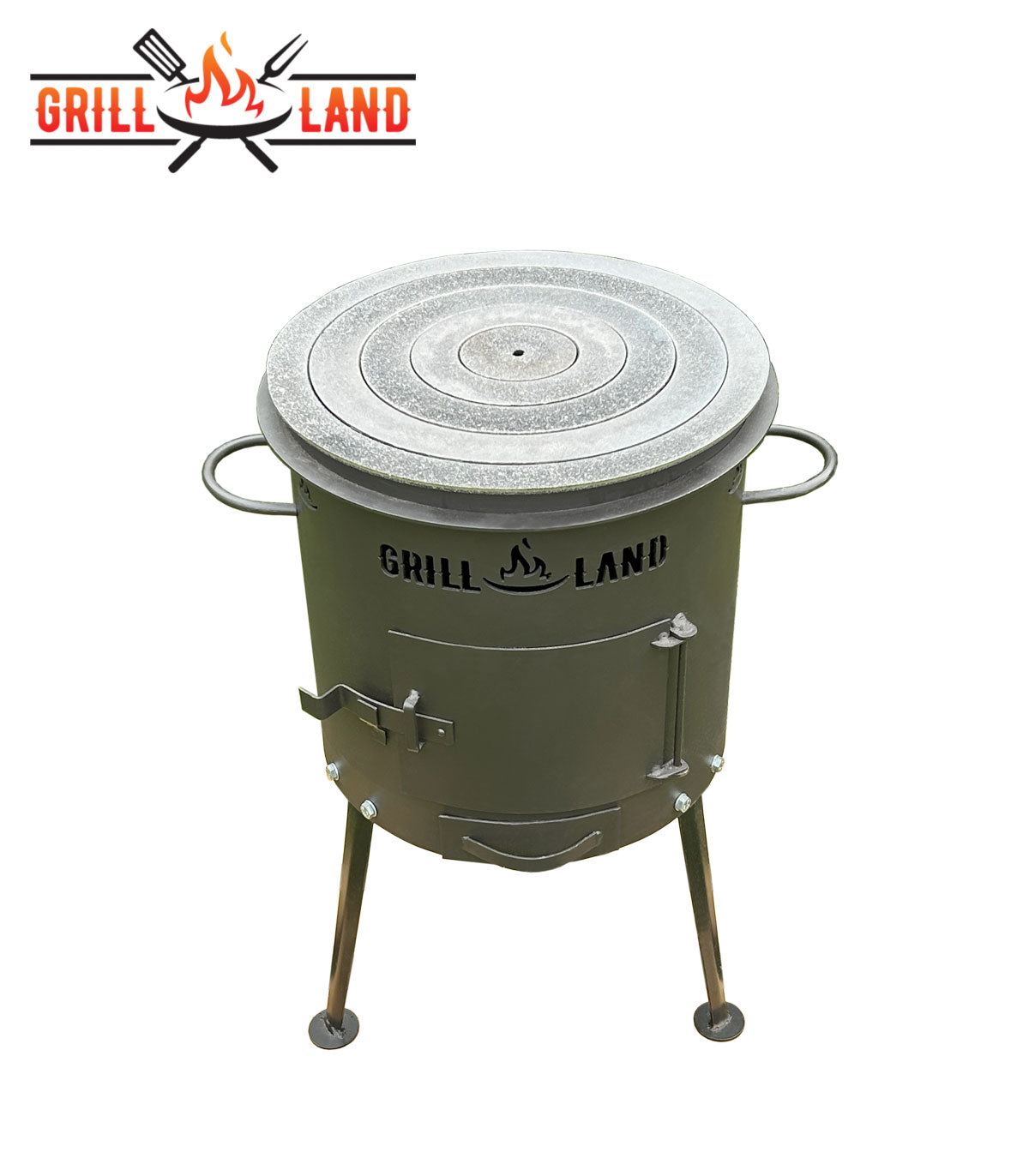 Комплект: печь для казана / учак Ø 37 см, дизайнерская печь «Grill-Land», сталь 3 мм, чугунные кольца для печи, набор колец, плита, 39,5 см и вафельница Grill-Land из чугуна