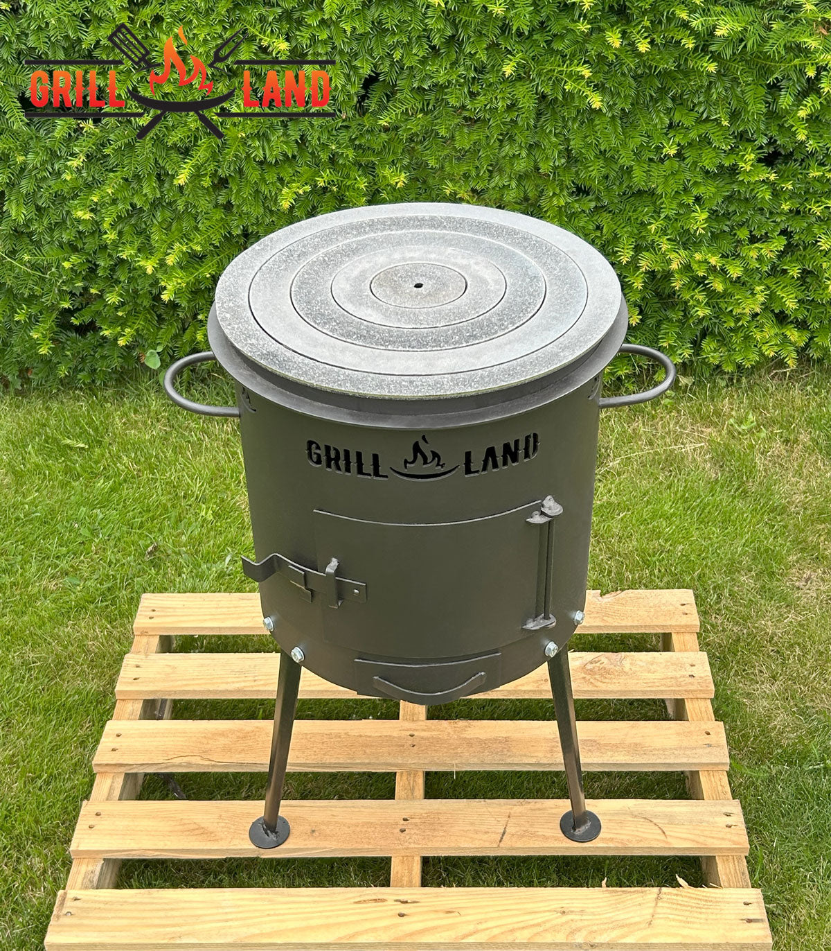 Комплект: печь для казана / учак Ø 37 см, дизайнерская печь «Grill-Land», сталь 3 мм и чугунные кольца для печи, набор колец, плита, 39,5 см