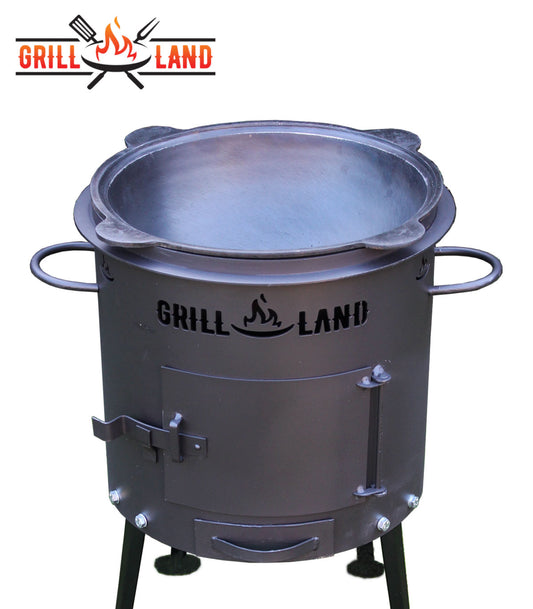 Комплект: печь для казана / учак Ø 37 см, дизайнерская печь «Grill-Land», сталь 3 мм и узбекский казан 10 л из чугуна с алюминиевой крышкой, плоское дно