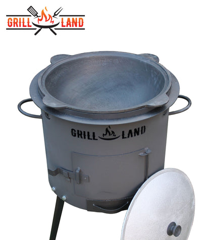 Комплект: печь для казана / учак Ø 40 см, дизайнерская печь «Grill-Land», сталь 3 мм и узбекский казан 12 л из чугуна с алюминиевой крышкой, плоское дно