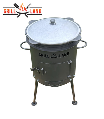 Комплект: печь для казана / учак Ø 37 см, дизайнерская печь «Grill-Land», сталь 3 мм и узбекский казан 12 л из чугуна с алюминиевой крышкой, круглое дно