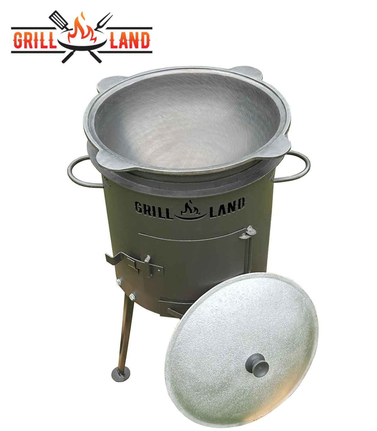 Комплект: печь для казана / учак Ø 37 см, дизайнерская печь «Grill-Land», сталь 3 мм и узбекский казан 12 л из чугуна с алюминиевой крышкой, круглое дно