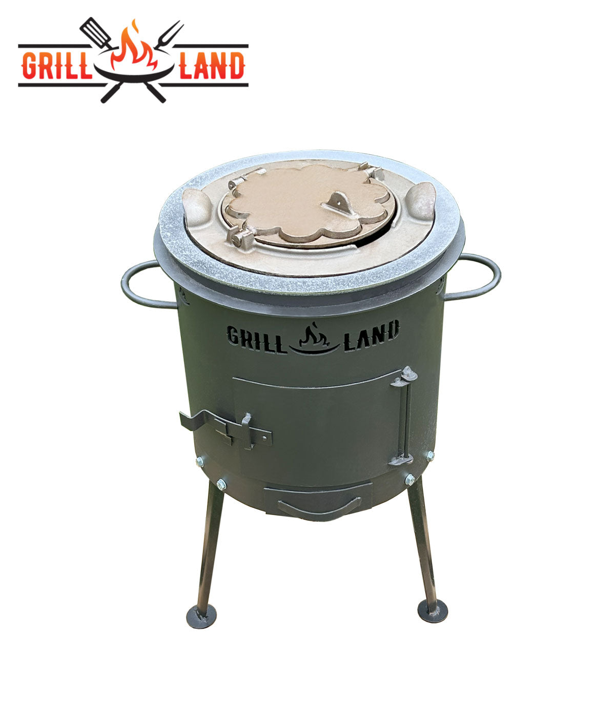 Комплект: печь для казана / учак Ø 37 см, дизайнерская печь «Grill-Land», сталь 3 мм, чугунные кольца для печи, набор колец, плита, 39,5 см и вафельница Grill-Land из чугуна