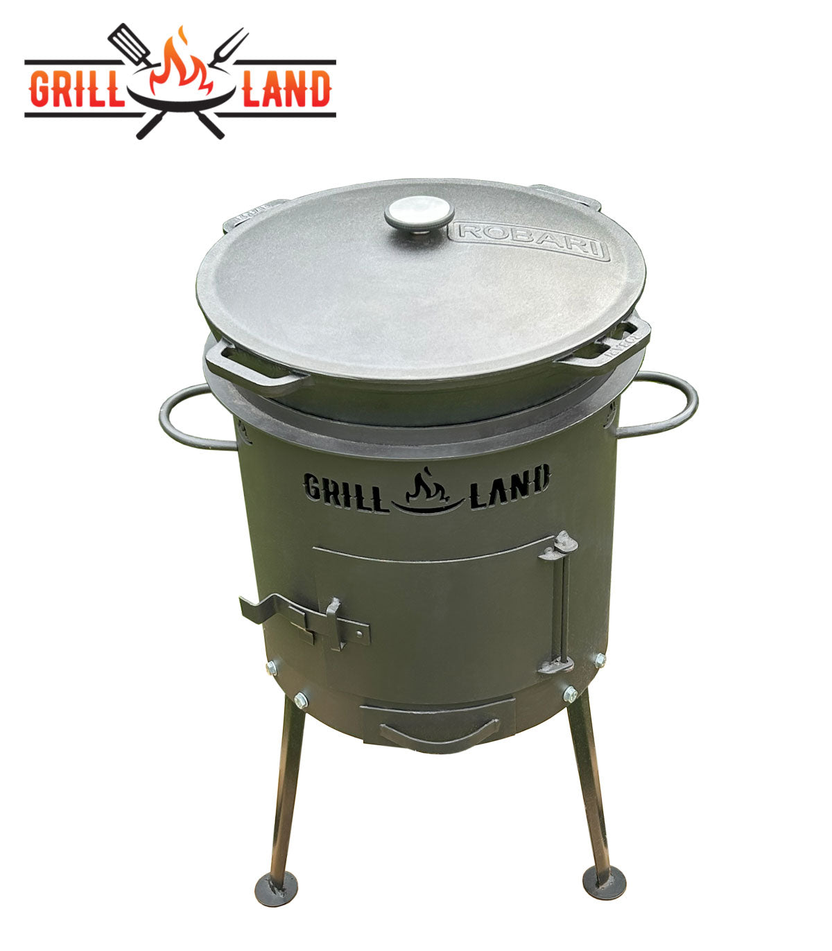 Комплект: печь для казана / учак Ø 37 см, дизайнерская печь «Grill-Land», сталь 3 мм и казан из чугуна 12 л Robari с крышкой, Wok Asia