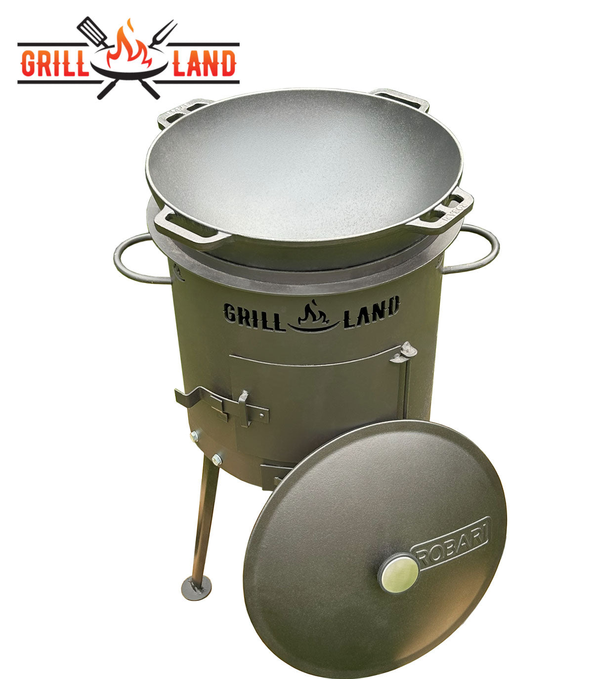 Комплект: печь для казана / учак Ø 37 см, дизайнерская печь «Grill-Land», сталь 3 мм и казан из чугуна 12 л Robari с крышкой, Wok Asia