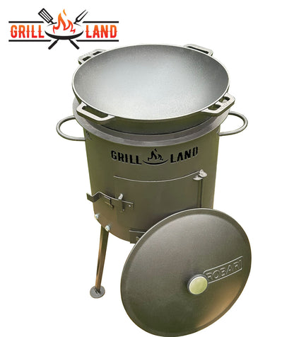 Комплект: печь для казана / учак Ø 37 см, дизайнерская печь «Grill-Land», сталь 3 мм и казан из чугуна 12 л Robari с крышкой, Wok Asia