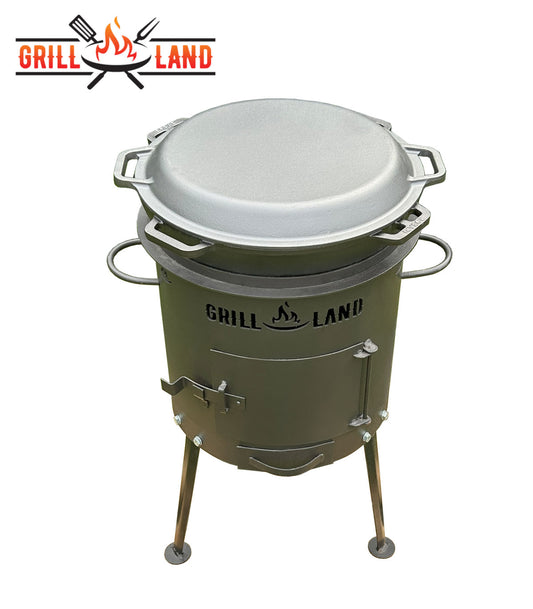 Комплект: печь для казана / учак Ø 37 см, дизайнерская печь «Grill-Land», сталь 3 мм и казан из чугуна 15 л Robari с чугунной крышкой-грилем