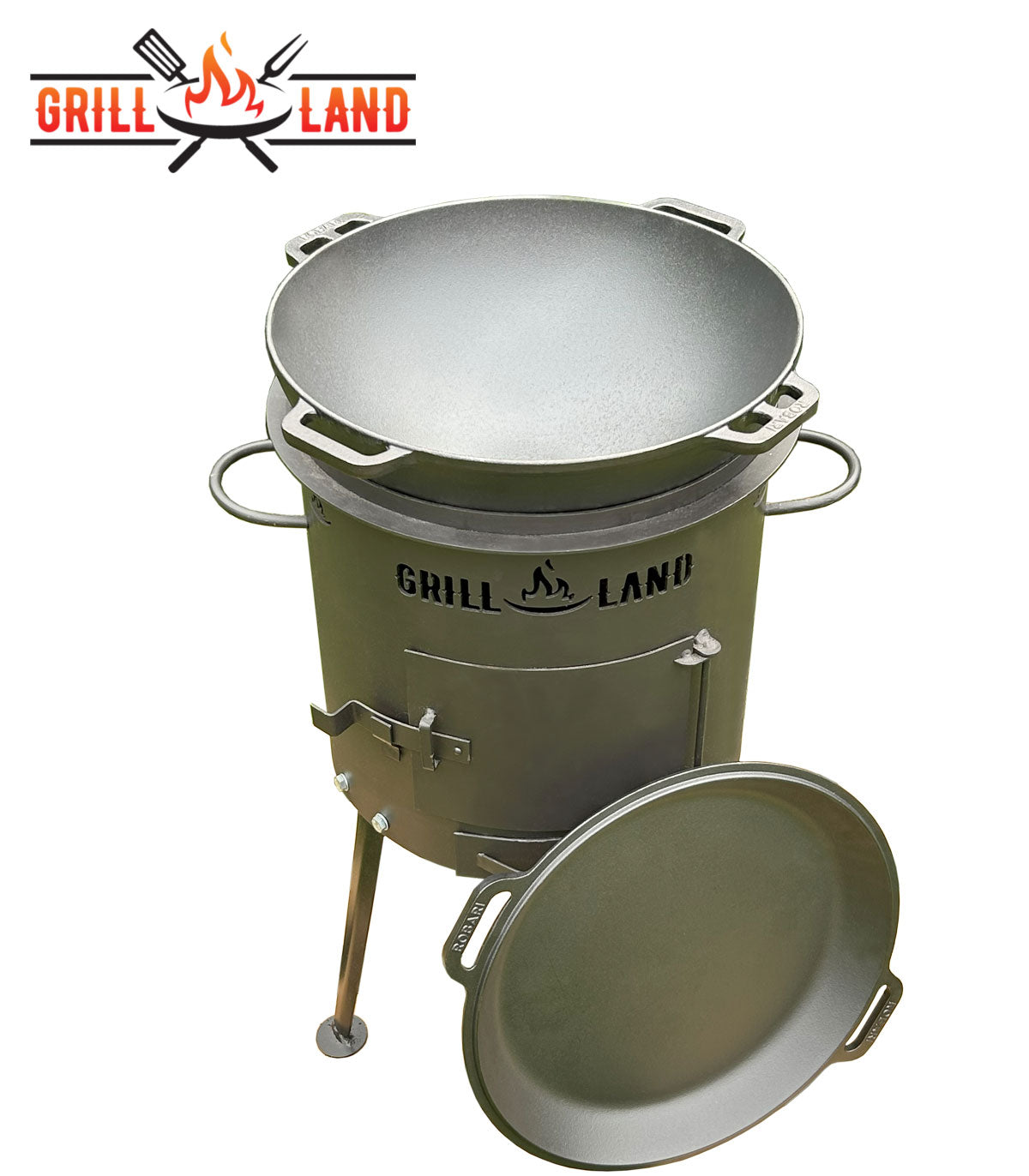 Комплект: печь для казана / учак Ø 37 см, дизайнерская печь «Grill-Land», сталь 3 мм и казан из чугуна 12 л Robari с крышкой-сковородой из чугуна