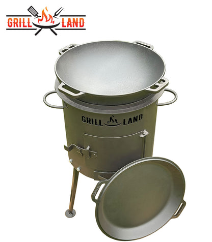 Комплект: печь для казана / учак Ø 37 см, дизайнерская печь «Grill-Land», сталь 3 мм и казан из чугуна 12 л Robari с крышкой-сковородой из чугуна