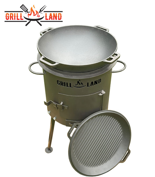 Комплект: печь для казана / учак Ø 37 см, дизайнерская печь «Grill-Land», сталь 3 мм и казан из чугуна 15 л Robari с чугунной крышкой-грилем