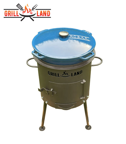 Комплект: печь для казана / учак Ø 37 см, дизайнерская печь «Grill-Land», сталь 3 мм и казан из эмалированного чугуна 12 л Robari с чугунной эмалированной крышкой