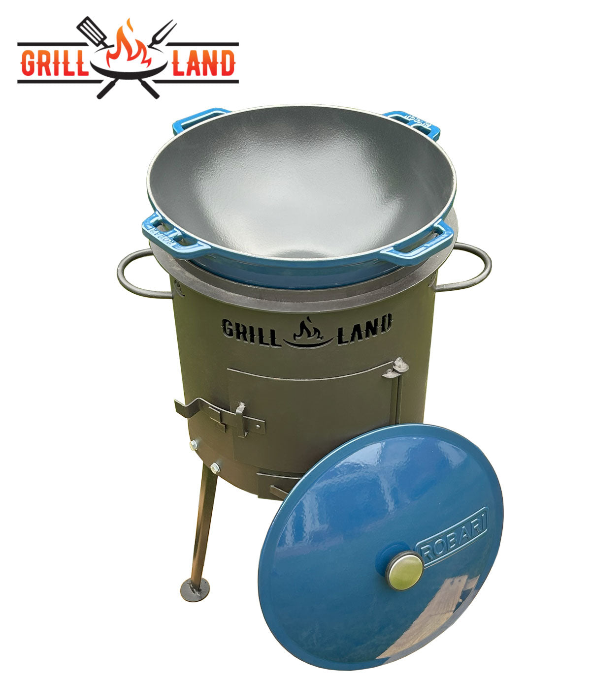 Комплект: печь для казана / учак Ø 37 см, дизайнерская печь «Grill-Land», сталь 3 мм и казан из эмалированного чугуна 12 л Robari с чугунной эмалированной крышкой