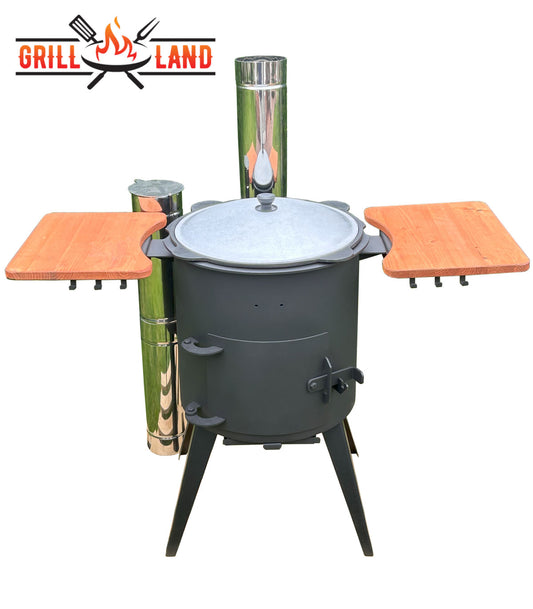 Комплект: PREMIUM печь для казана / учак Ø 40 см с дымоходом из нержавеющей стали и 2 деревянными полками и узбекский казан 12 л из чугуна с алюминиевой крышкой, плоское дно