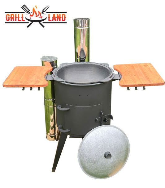 Комплект: PREMIUM печь для казана / учак Ø 40 см с дымоходом из нержавеющей стали и 2 деревянными полками и узбекский казан 12 л из чугуна с алюминиевой крышкой, плоское дно