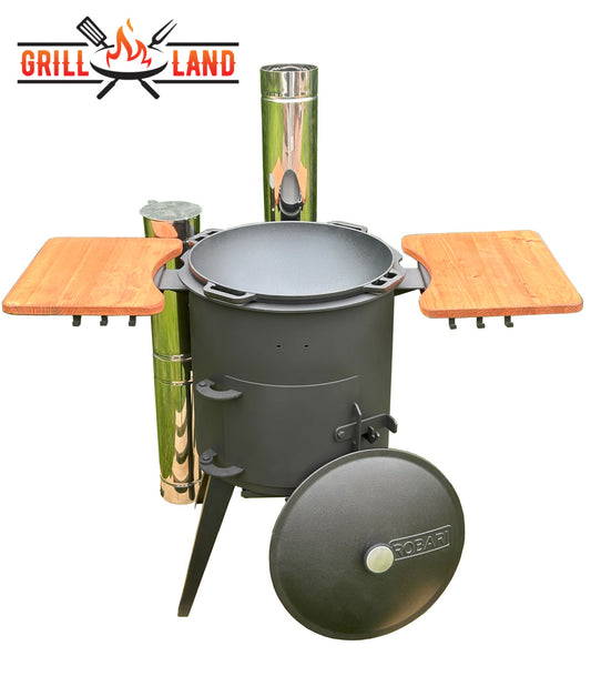 Комплект: PREMIUM печь для казана / учак Ø 40 см с дымоходом из нержавеющей стали и 2 деревянными полками и казан из чугуна 15 л Robari с чугунной крышкой, Wok Asia