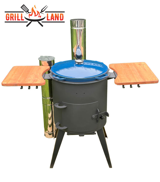 Комплект: PREMIUM печь для казана / учак Ø 40 см с дымоходом из нержавеющей стали и 2 деревянными полками и казан из эмалированного чугуна 15 л Robari с крышкой из эмалированного чугуна