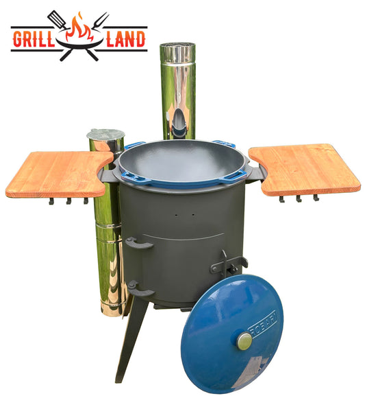 Комплект: PREMIUM печь для казана / учак Ø 40 см с дымоходом из нержавеющей стали и 2 деревянными полками и казан из эмалированного чугуна 15 л Robari с крышкой из эмалированного чугуна