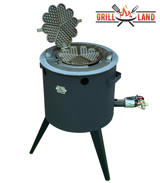 Комплект: печь для казана KOMFORT 37 с газовой горелкой, чугунные кольца для печи, комплект, плита 39,5 см и вафельница Grill-Land из чугуна