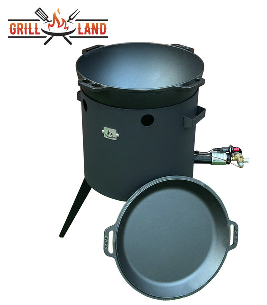 Комплект: печь для казана KOMFORT 37 с газовой горелкой и казан из чугуна 15 л Robari с крышкой-сковородой из чугуна