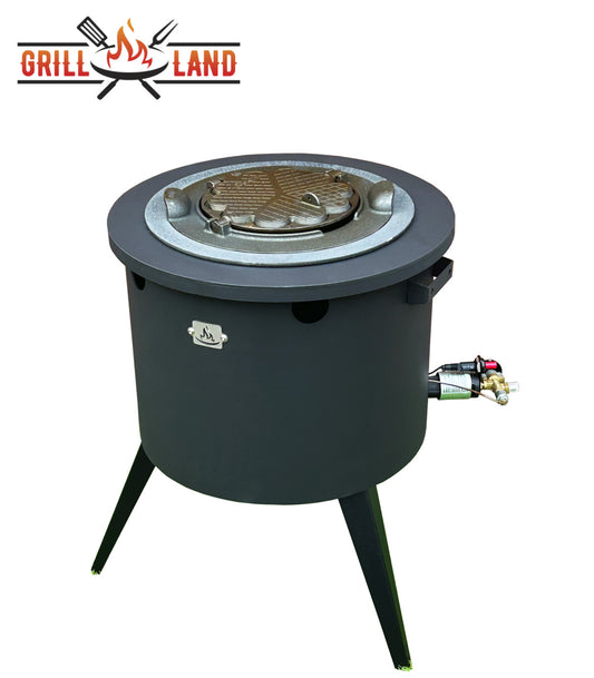 Комплект: печь для казана KOMFORT 45 с газовой горелкой с варочной поверхностью из стали с чугунными кольцами и чугунной вафельницей