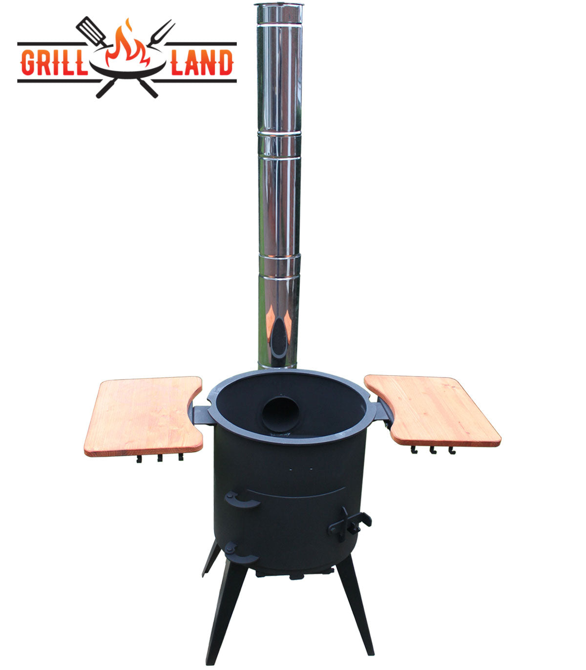 Печь / учак на дровах, класса PREMIUM, дымоход из нержавеющей стали, 2 деревянные полки, диаметр 40 см, для казанов 12 – 17 литров, сталь 3 мм