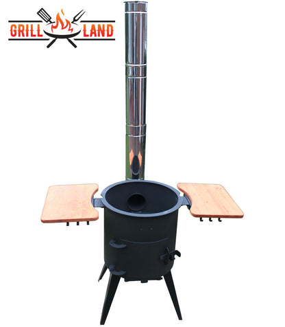 Печь / учак на дровах, класса PREMIUM, дымоход из нержавеющей стали, 2 деревянные полки, диаметр 40 см, для казанов 12 – 17 литров, сталь 3 мм