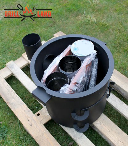 Печь / учак на дровах, класса PREMIUM, дымоход из нержавеющей стали, 2 деревянные полки, диаметр 40 см, для казанов 12 – 17 литров, сталь 3 мм