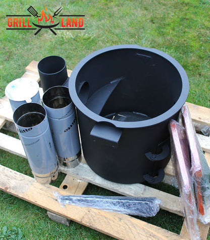 Печь / учак на дровах, класса PREMIUM, дымоход из нержавеющей стали, 2 деревянные полки, диаметр 40 см, для казанов 12 – 17 литров, сталь 3 мм