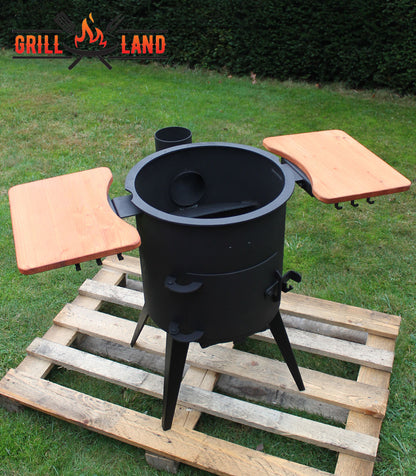 Печь / учак на дровах, класса PREMIUM, дымоход из нержавеющей стали, 2 деревянные полки, диаметр 40 см, для казанов 12 – 17 литров, сталь 3 мм