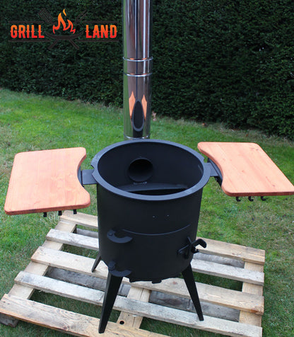 Печь / учак на дровах, класса PREMIUM, дымоход из нержавеющей стали, 2 деревянные полки, диаметр 40 см, для казанов 12 – 17 литров, сталь 3 мм