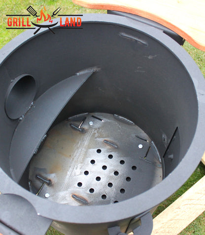 Печь / учак на дровах, класса PREMIUM, дымоход из нержавеющей стали, 2 деревянные полки, диаметр 40 см, для казанов 12 – 17 литров, сталь 3 мм