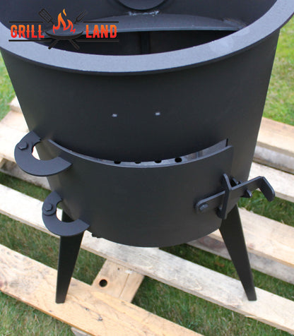 Печь / учак на дровах, класса PREMIUM, дымоход из нержавеющей стали, 2 деревянные полки, диаметр 40 см, для казанов 12 – 17 литров, сталь 3 мм