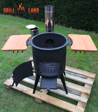 Печь / учак на дровах, класса PREMIUM, дымоход из нержавеющей стали, 2 деревянные полки, диаметр 40 см, для казанов 12 – 17 литров, сталь 3 мм