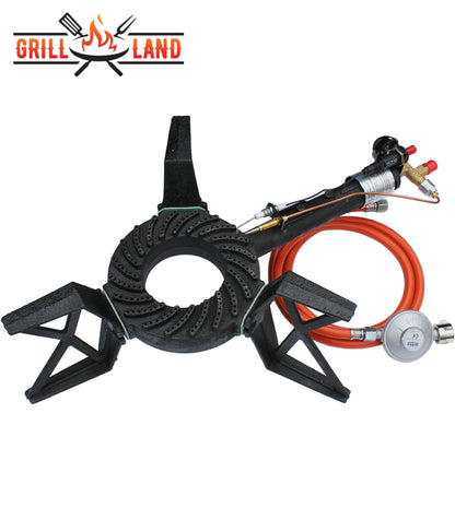 Профессиональная чугунная газовая горелка, мощностью 10,5 кВт на трех ножках, диаметром 18 см, контролем пламени и пьезоэлектрическим поджигом, в комплекте со шлангом и регулятором.