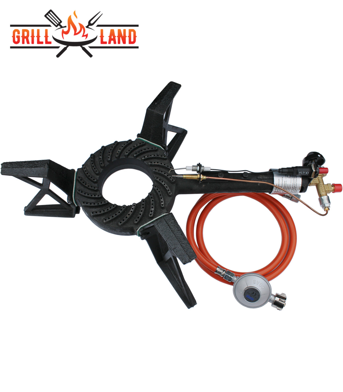 Профессиональная чугунная газовая горелка, мощностью 10,5 кВт на трех ножках, диаметром 18 см, контролем пламени и пьезоэлектрическим поджигом, в комплекте со шлангом и регулятором.