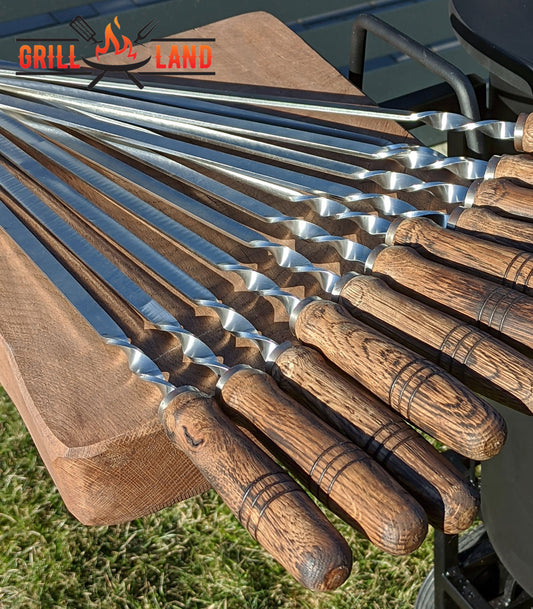 Высококачественные шампуры из нержавеющей стали с деревянными ручками – ширина 10 мм, толщина 3 мм, общая длина 65 см, рабочая длина 45 см, 6 штук.