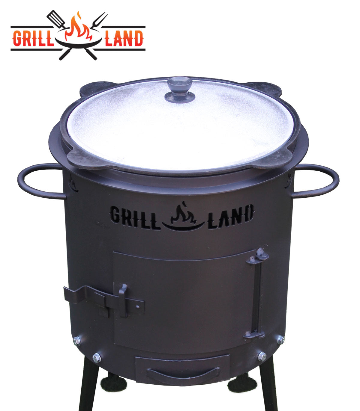Комплект: печь для казана / учак Ø 37 см, дизайнерская печь «Grill-Land», сталь 3 мм и узбекский казан 10 л из чугуна с алюминиевой крышкой, круглое дно