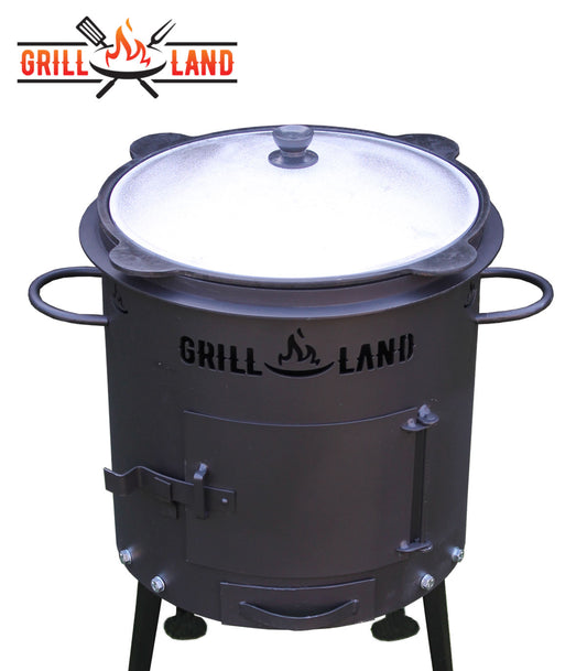 Комплект: печь для казана / учак Ø 37 см, дизайнерская печь «Grill-Land», сталь 3 мм и узбекский казан 10 л из чугуна с алюминиевой крышкой, плоское дно