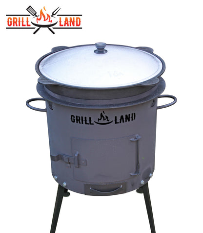 Комплект: печь для казана / учак Ø 40 см, дизайнерская печь «Grill-Land», сталь 3 мм и узбекский казан 16 л из чугуна с алюминиевой крышкой, круглое дно