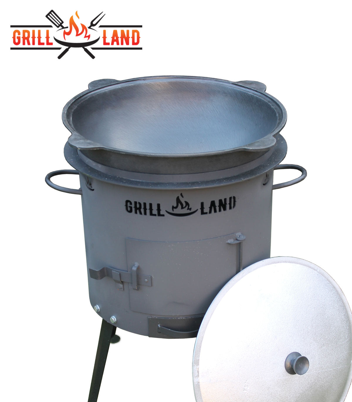 Комплект: печь для казана / учак Ø 40 см, дизайнерская печь «Grill-Land», сталь 3 мм и узбекский казан 16 л из чугуна с алюминиевой крышкой, круглое дно