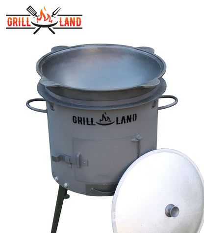 Комплект: печь для казана / учак Ø 40 см, дизайнерская печь «Grill-Land», сталь 3 мм и узбекский казан 16 л из чугуна с алюминиевой крышкой, круглое дно