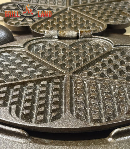 Вафельница Grill-Land из чугуна, вафли в форме сердца, для садовой кухни или же печи для приготовления пищи на открытом воздухе.