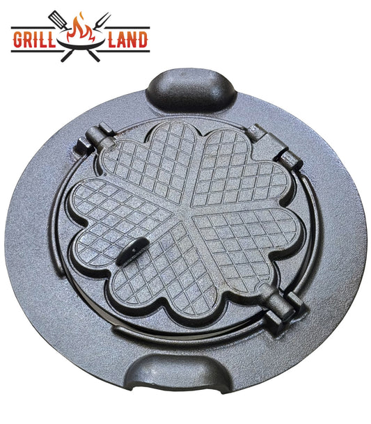 Вафельница Grill-Land из чугуна, вафли в форме сердца, для садовой кухни или же печи для приготовления пищи на открытом воздухе.