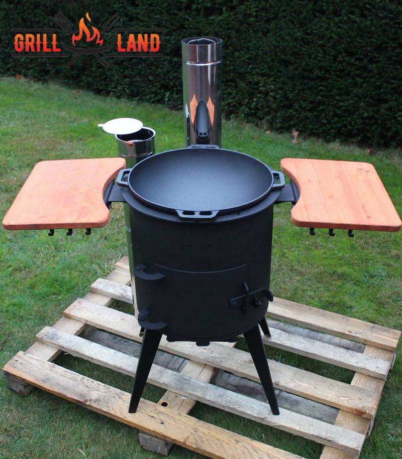 Печь / учак на дровах, класса PREMIUM, дымоход из нержавеющей стали, 2 деревянные полки, диаметр 40 см, для казанов 12 – 17 литров, сталь 3 мм